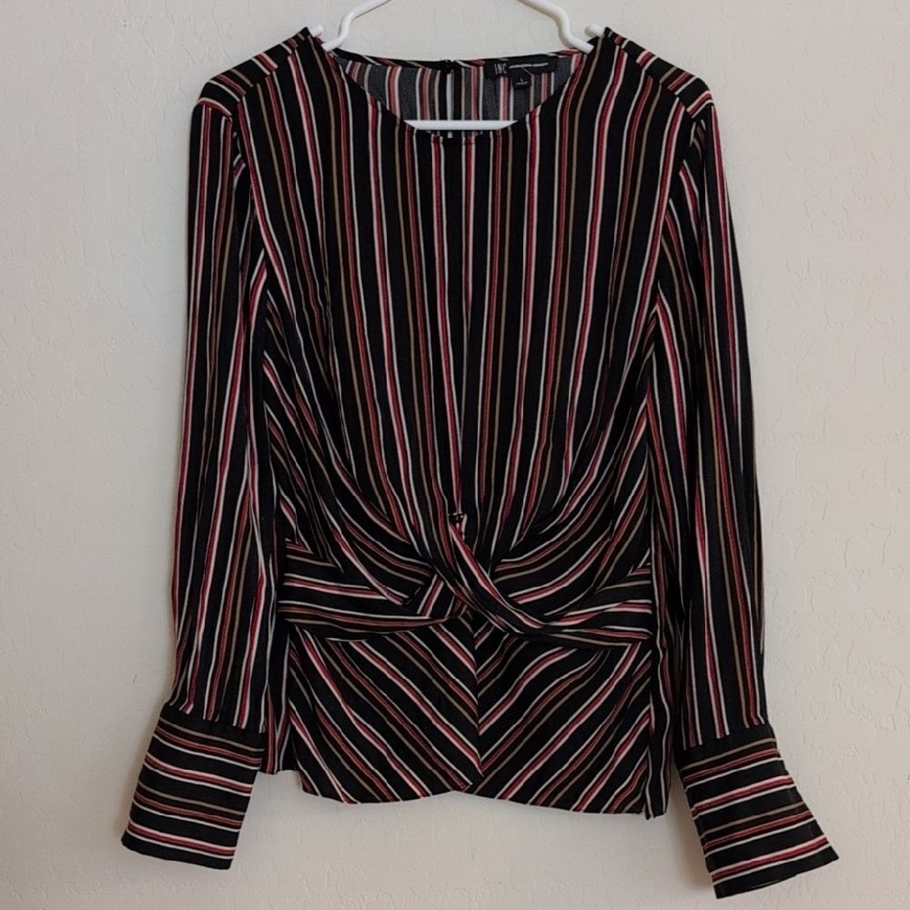 INC International Concepts Black Red Striped Blouse Long Sleeve - Size L